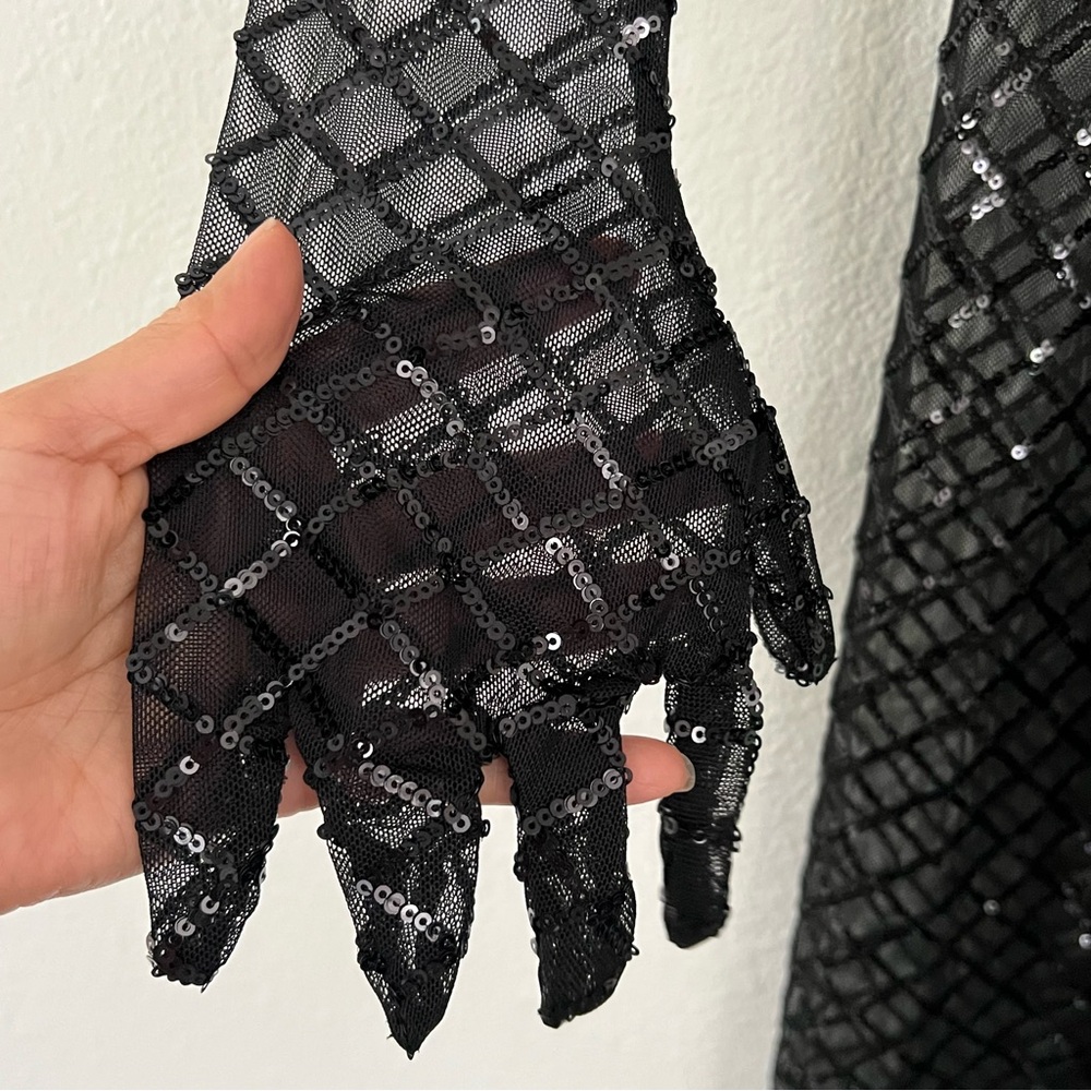 Mew Mews Statement Dress Black Sequins Sheer Jumpsuit With Gloves Size SMALL NWT - Picture 4 of 16